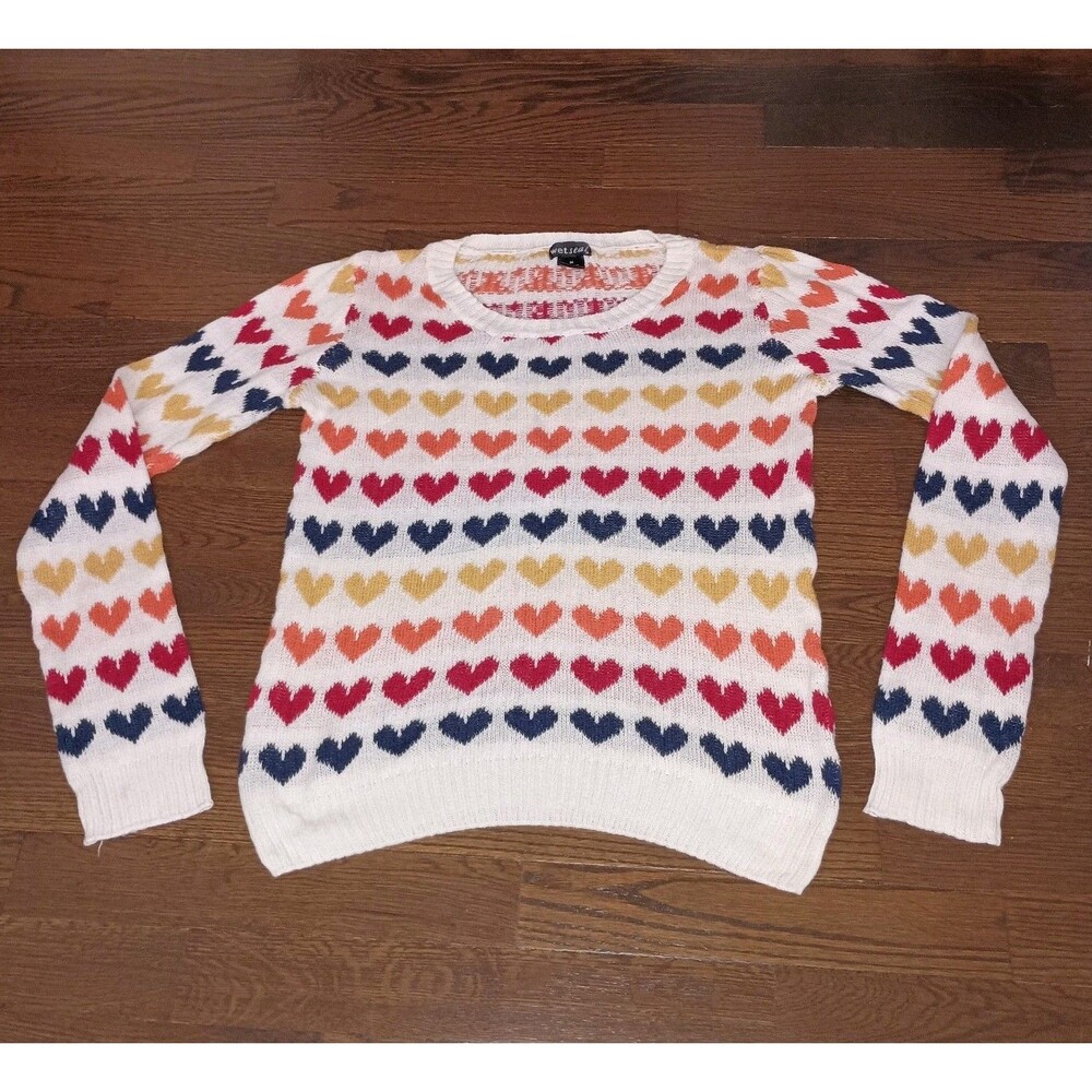 Wet Seal Sweater Womens Medium Hearts Y2K White Red Blue Yellow Orange